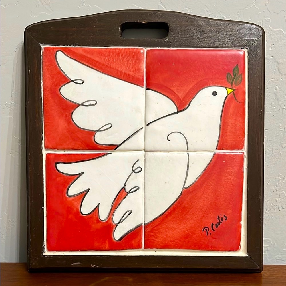 ❤️🕊️”P. Curtis” Signed Handcrafted Dove Tile Wall Art with Red Background❤️🕊️